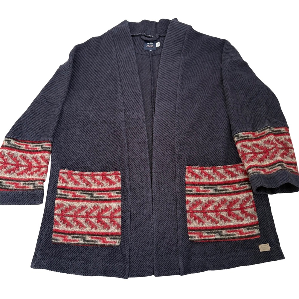 ONLY Denim Chapter Navy Blue Southwestern Pattern Open Front Cardigan M Granny